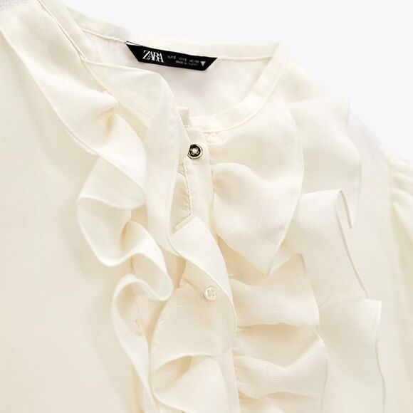 ZARA RUFFLED SEMI-SHEER TOP ECRU NWT - Picture 2 of 8